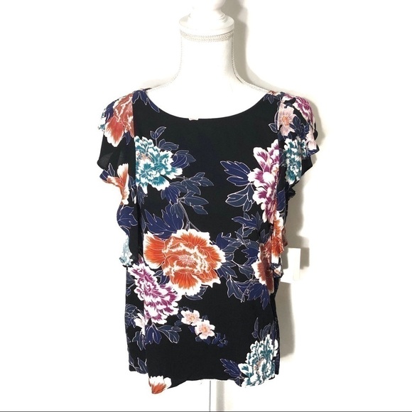 14th & Union Cascade Print Top NWT SP Women’s Small Petite Black Blue - Picture 1 of 7